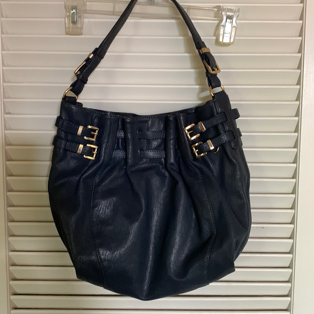 Michael Koran navy leather shoulder handbag boho slouch purse gold tone hardware